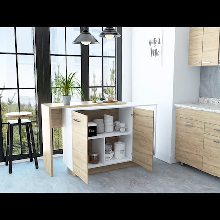 Tuhome Sicilia Kitchen Island, Two External Shelves, Double Door Cabinets, Three Shelves, White/Light Oak BBD5581